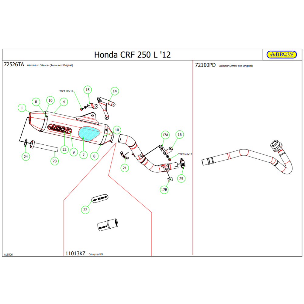 Disegno tecnico di montaggio Arrow di un'altra moto in cui compare il catalizzatore 11013KZ