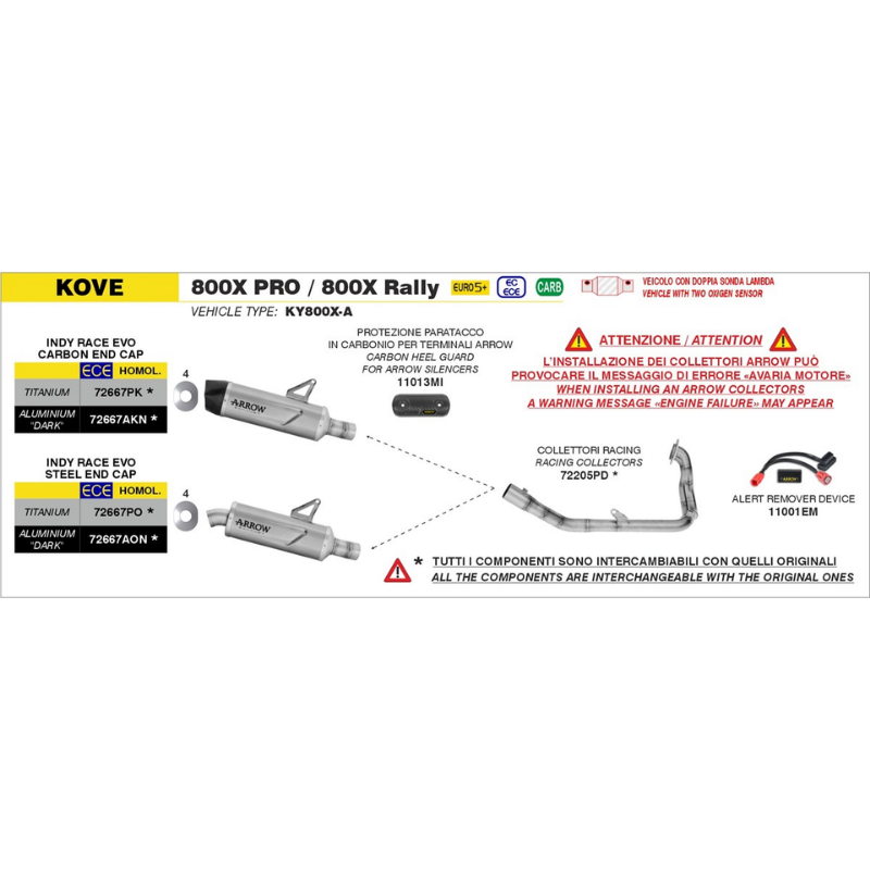 Tavola ufficiale Arrow Kove 800X Pro e 800X Rally 2025-2026 vehicle type KY800X-A con il paratacco 11013MI