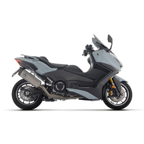 Yamaha TMAX 560 grigio con impianto Arrow Pista montato, vista laterale sinistra