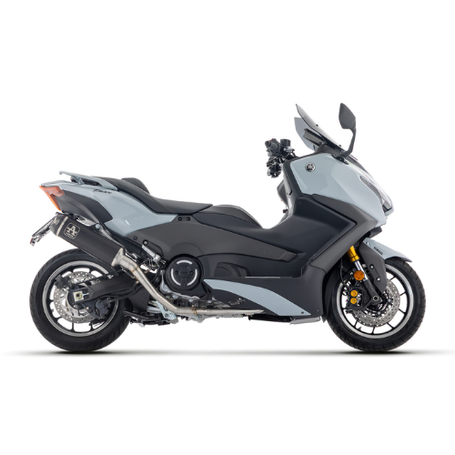 Yamaha TMAX 560 grigio, vista laterale destra con il silenziatore Arrow in evidenza