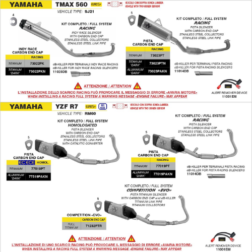 Schema del catalogo Arrow: pagine Yamaha TMAX 560 e YZF R7 con gli impianti Pista e il db-killer
