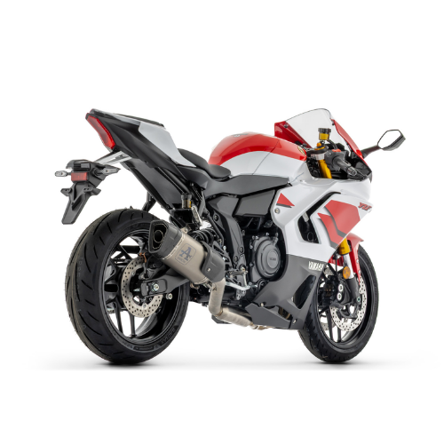 Yamaha YZF-R7 bianca e rossa vista posteriore tre quarti con silenziatore Arrow Pista