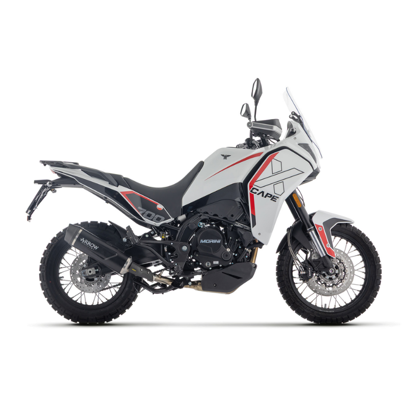 Moto Morini X-Cape 700 bianca con terminale Arrow Indy Race EVO scuro, vista laterale sinistra