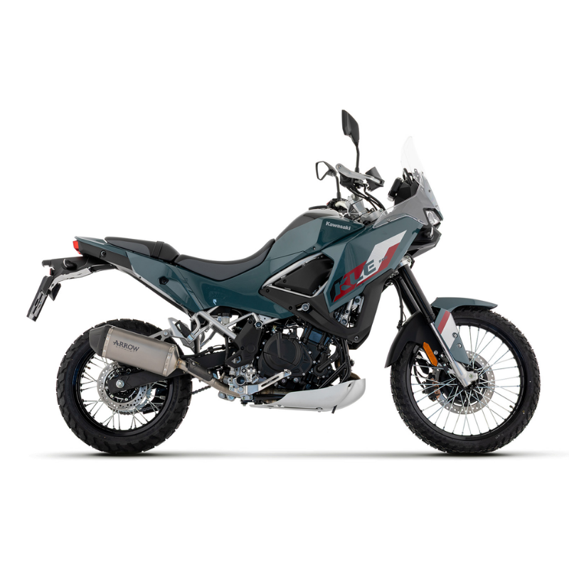 Kawasaki KLE 500 verde petrolio con terminale Arrow Explorer, vista laterale destra