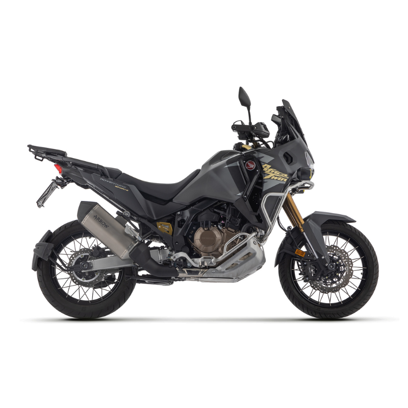 Honda Africa Twin CRF 1100 L nera con terminale Arrow Sonora, vista laterale