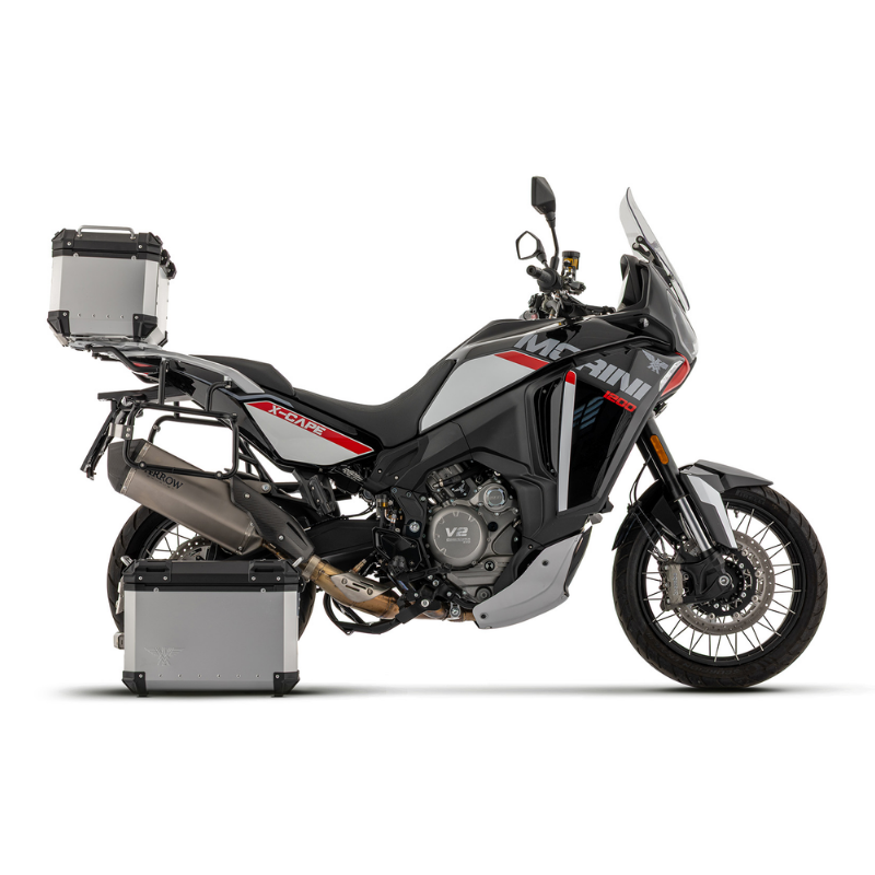 Moto Morini X-Cape 1200 nera con borse e terminale Arrow Sonora, vista laterale