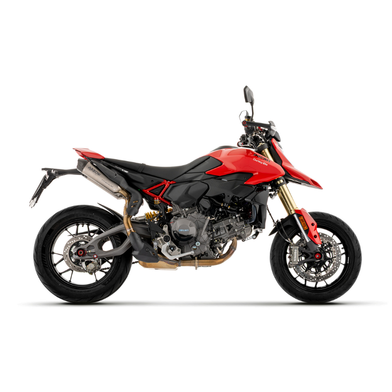 Ducati Hypermotard V2 rossa con terminali Arrow Round Sil, vista laterale sinistra