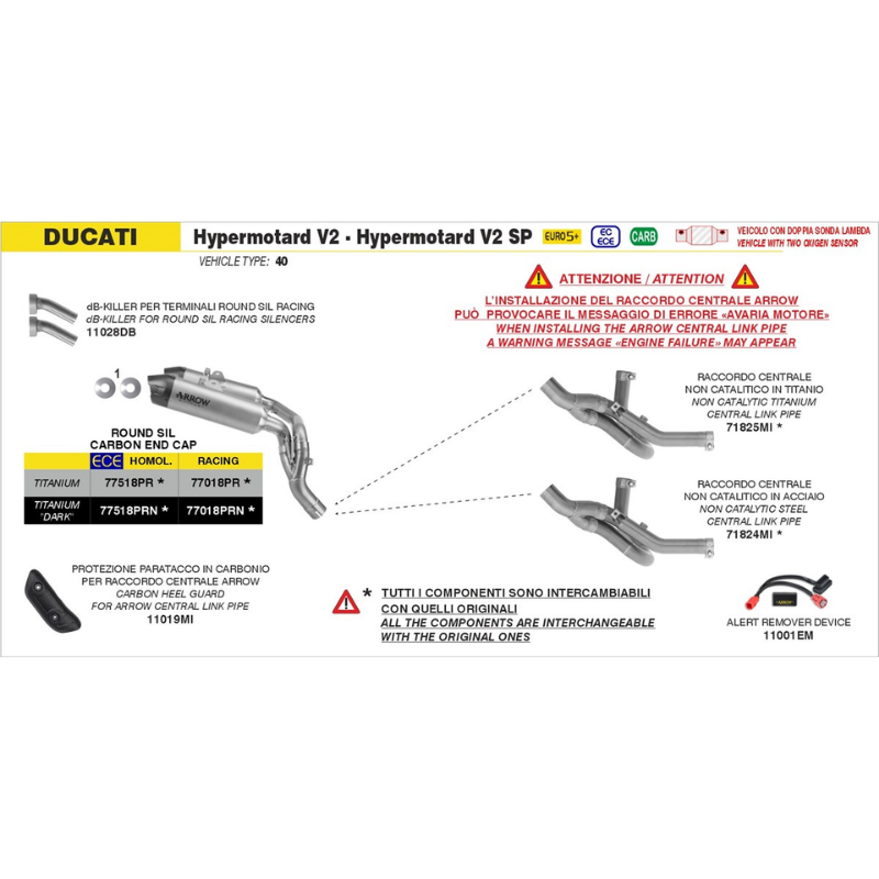 Schema di montaggio Arrow: il paratacco 11019MI sul raccordo centrale della Ducati Hypermotard V2 e V2 SP 2026