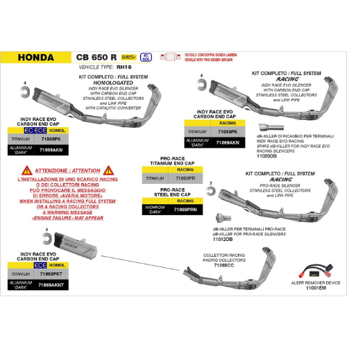 Schema Arrow degli impianti Indy Race EVO per Honda CB 650 R 2024-2026 con dB-killer 11020DB