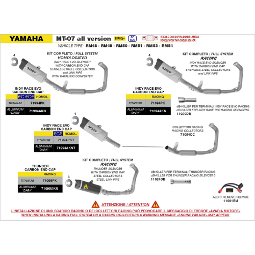 Schema Arrow degli impianti Indy Race EVO per Yamaha MT-07 2025-2026 con dB-killer 11020DB