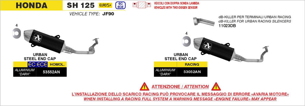 Schema di montaggio Arrow per Honda SH 125 2024-2026 (JF90) con il dB-Killer 11023DB accanto al terminale Urban racing 53052AN