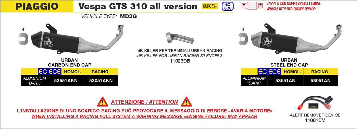 Schema di montaggio Arrow per Vespa GTS 310 2025-2026 (MD3G) con il dB-Killer 11023DB fra i terminali Urban 53051AN e 53051AKN