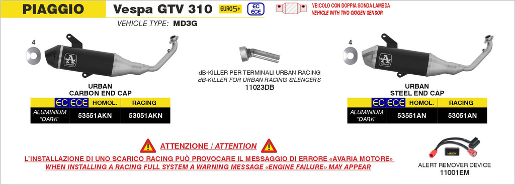 Schema di montaggio Arrow per Vespa GTV 310 2025-2026 (MD3G) con il dB-Killer 11023DB per i terminali Urban racing