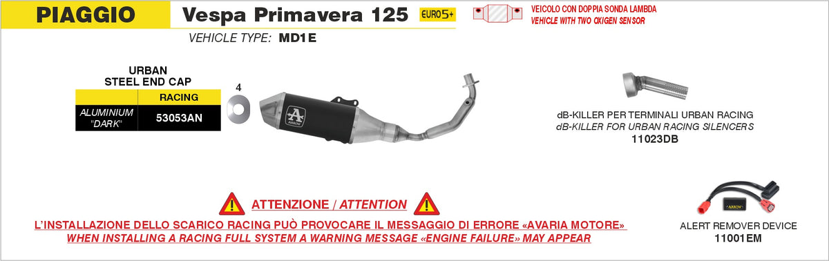 Schema di montaggio Arrow per Vespa Primavera 125 2024-2025 (MD1E) con il dB-Killer 11023DB e il terminale Urban racing 53053AN