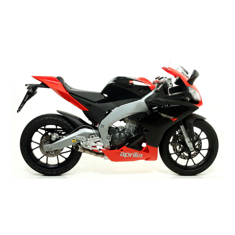 Aprilia RS4 125 rossa e nera con terminale Arrow Thunder 51509AO montato, vista laterale destra