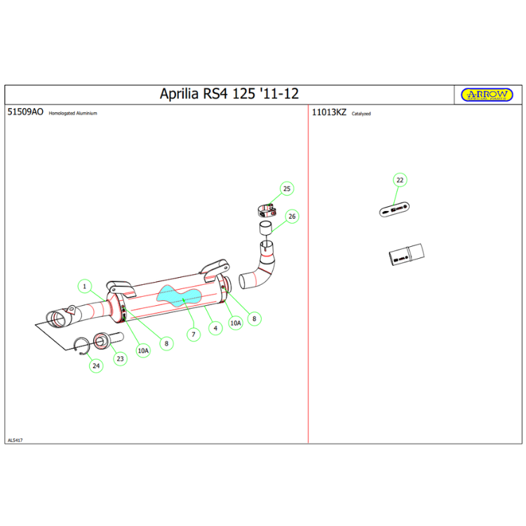 Disegno tecnico Arrow: montaggio del terminale 51509AO con catalizzatore 11013KZ su Aprilia RS4 125