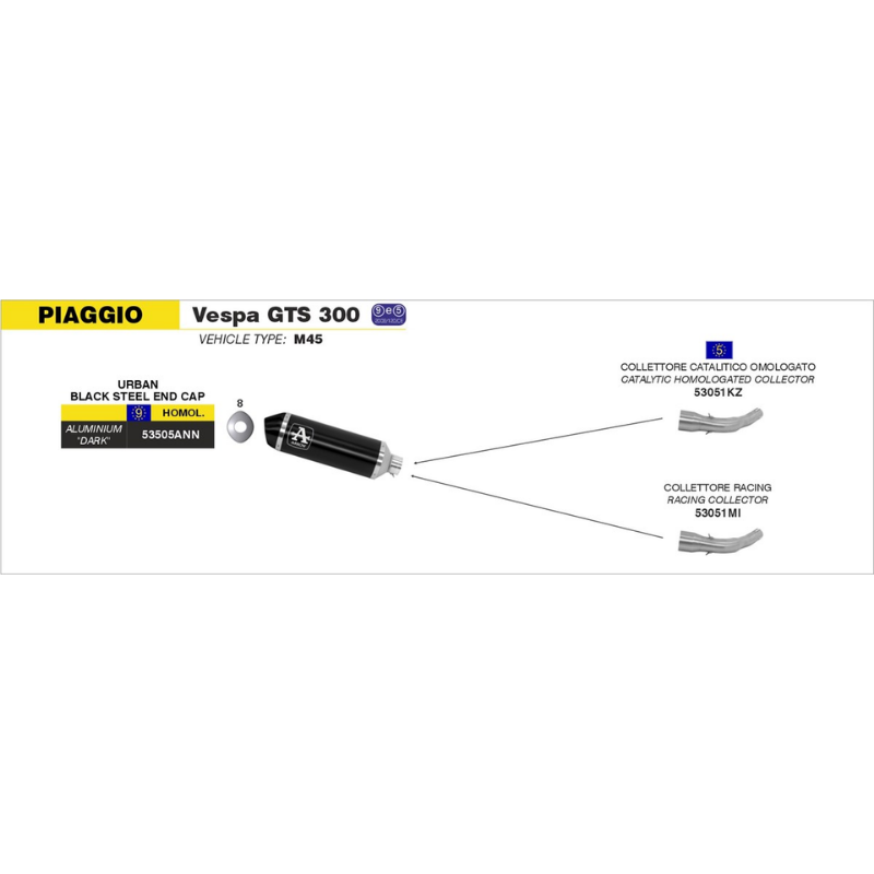 Tavola tecnica Arrow con il collettore catalitico 53051KZ per Vespa GTS 300 i.e.