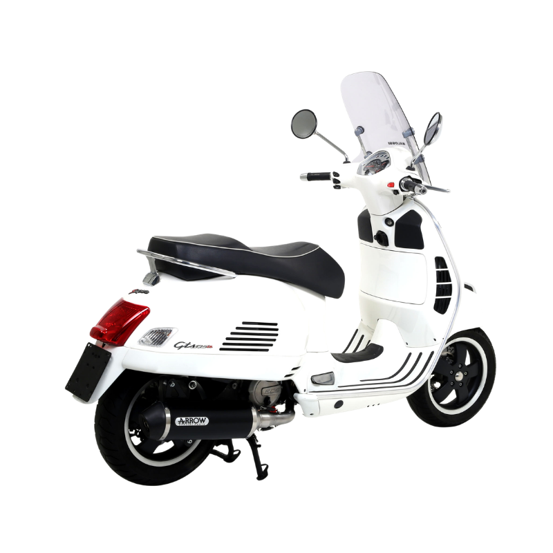 Piaggio Vespa GTS bianca da dietro: applicazione del collettore catalitico Arrow 53051KZ