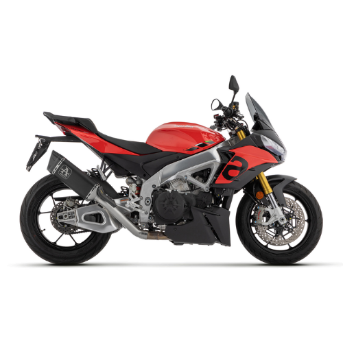 Aprilia Tuono V4 rossa vista laterale con il terminale di scarico Arrow linea Pista montato