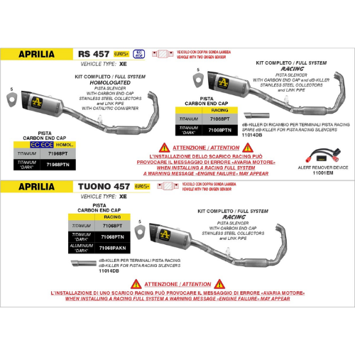 Schema del catalogo Arrow: pagine Aprilia RS 457 e Tuono 457 con i codici degli impianti Pista
