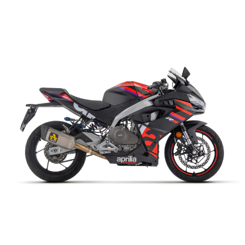 Aprilia RS 457 grigia e rossa con impianto Arrow Pista racing montato, vista laterale sinistra