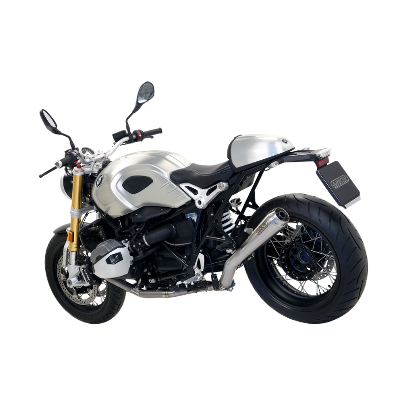 BMW R nineT con il raccordo Arrow 71635MI e un terminale Arrow Pro-Race montati, vista di tre quarti (terminale non compreso)