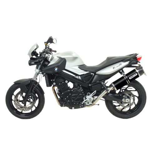 BMW F 800 R bianca e nera con terminale Arrow 71746AKN montato, vista laterale