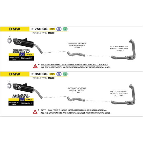 Schemi di montaggio Arrow per BMW F 750 GS e F 850 GS (vehicle type MG85): collettori racing 71777MI, raccordo centrale 71776MI e terminale Maxi Race-Tech 72639AKN