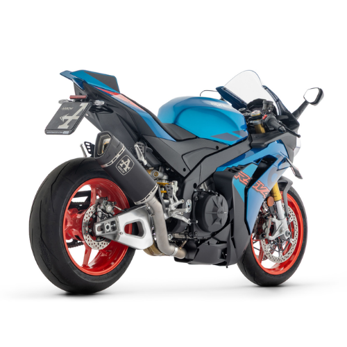 Aprilia RSV4 azzurra di tre quarti posteriore con impianto di scarico Arrow linea Pista