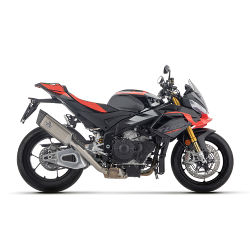 Aprilia Tuono V4 nera vista laterale con impianto di scarico Arrow linea Pista montato
