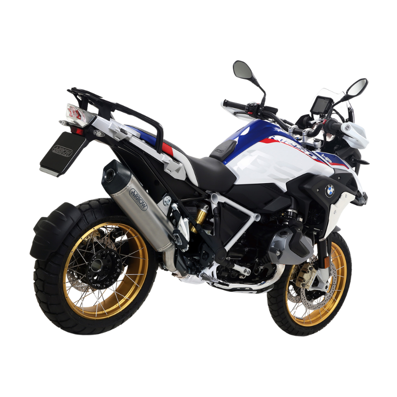BMW R 1250 GS con terminale Arrow, vista posteriore, foto di gamma del costruttore