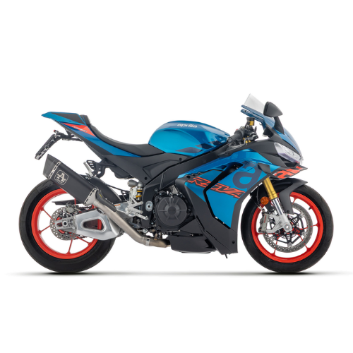 Aprilia RSV4 azzurra vista laterale con impianto di scarico Arrow linea Pista montato