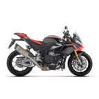Aprilia Tuono V4 nera vista laterale con impianto di scarico Arrow linea Pista montato