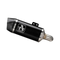 Terminale Arrow 71915AKN nero visto dal lato dell'uscita da 58 mm, con l'innesto in acciaio inox