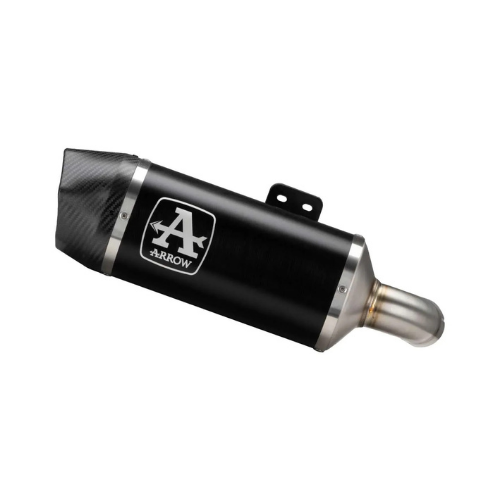 Terminale Arrow 71915AKN nero visto dal lato dell'uscita da 58 mm, con l'innesto in acciaio inox