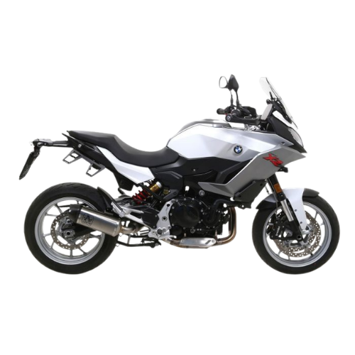 Terminale Arrow 71915PK montato su BMW F 900 R bianca, vista laterale dell'impianto di scarico