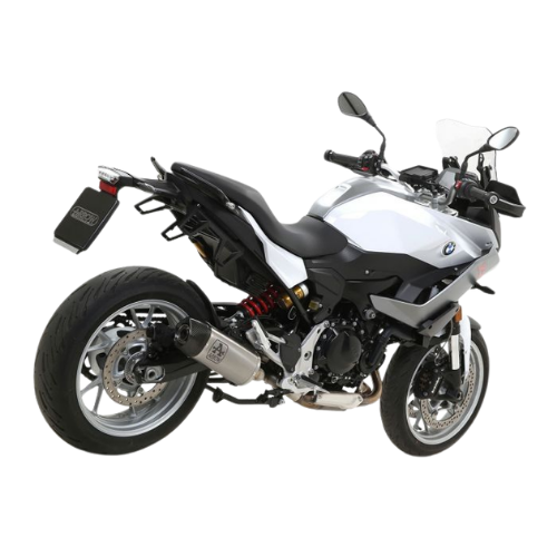 Terminale Arrow 71915PK montato su BMW F 900 XR bianca, vista laterale dell'impianto di scarico