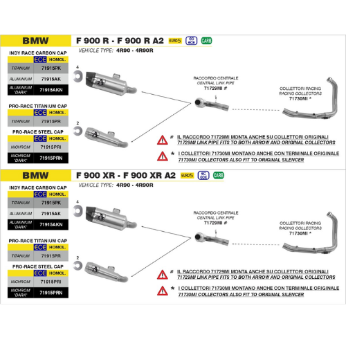 Schemi di montaggio Arrow per BMW F 900 R / R A2 e F 900 XR / XR A2 2020-2024, vehicle type 4R90: terminali serie 71915, raccordo centrale 71729MI e collettori racing 71730MI