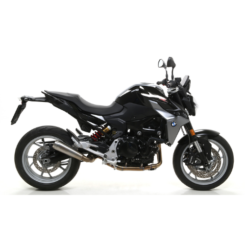 BMW F 900 R nera con terminale Arrow 71915PRI nichrom montato, vista laterale sinistra