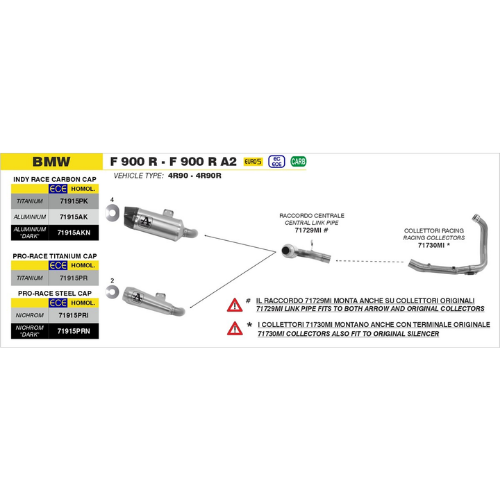 Schema di montaggio Arrow per BMW F 900 R e F 900 R A2 2020-2024 con la serie 71915 e il raccordo 71729MI