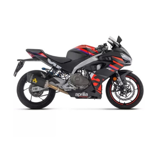 Aprilia RS 457 nera e rossa con silenziatore Arrow Pista Dark montato, vista laterale sinistra