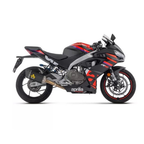 Aprilia RS 457 nera e rossa con silenziatore Arrow Pista Dark montato, vista laterale sinistra