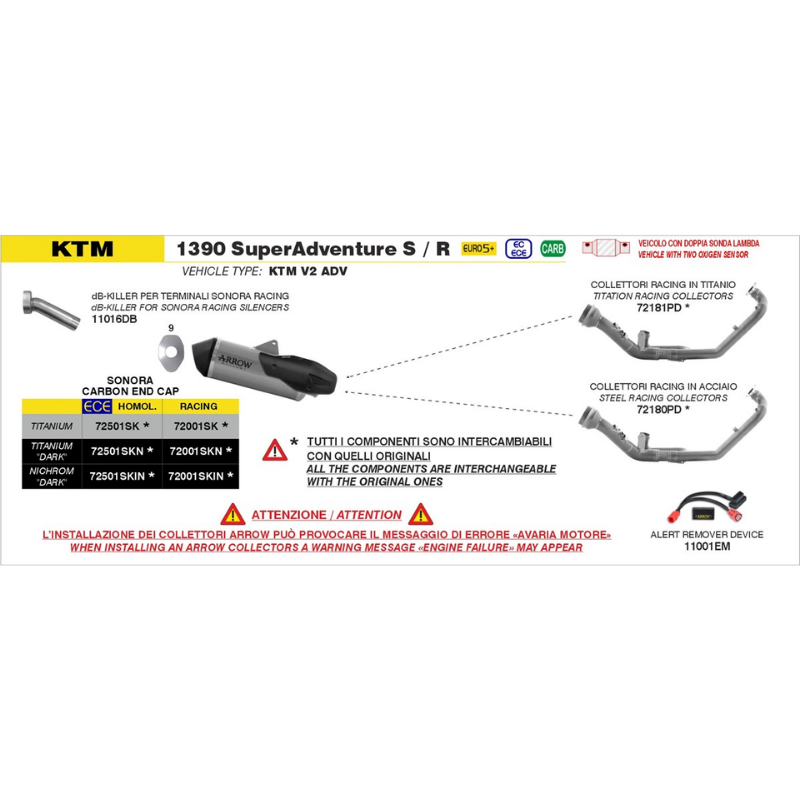 Tavola di montaggio Arrow KTM 1390 Super Adventure S/R 2025-2026 con il terminale Sonora 72001SKN