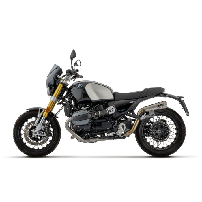 BMW R 12 nineT grigia con collettori Arrow 72210PD montati, vista laterale destra