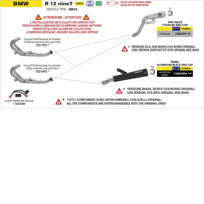 Schema di montaggio Arrow dei collettori 72210PD sulla BMW R 12 nineT con i terminali abbinabili