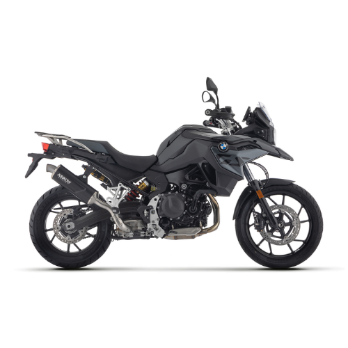 BMW F 800 GS grigia con terminale Arrow Indy Race EVO Dark, vista laterale destra