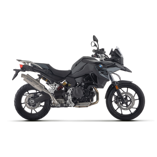 BMW F 800 GS nera con terminale Arrow Indy Race EVO in titanio, vista laterale destra
