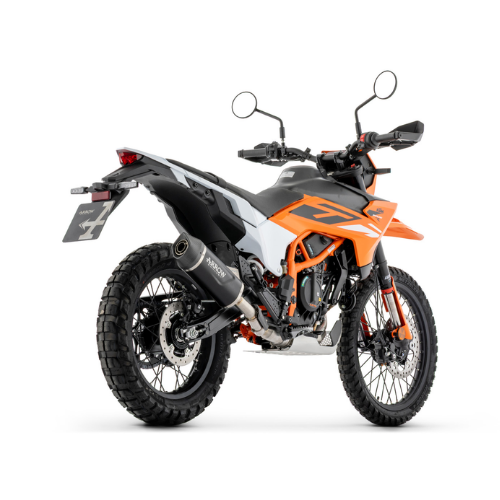 KTM 390 Enduro R con scarico Arrow, vista di tre quarti posteriore