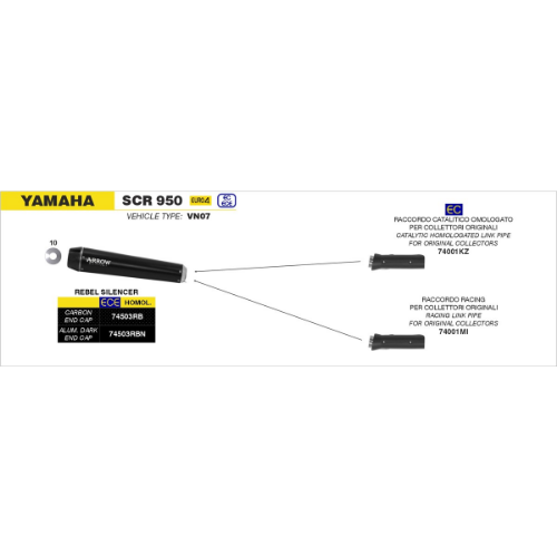 Schema Arrow per Yamaha SCR 950: raccordo catalitico 74001KZ abbinato al terminale Rebel sui collettori originali