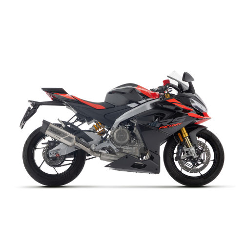 Aprilia RS 660 vista di lato con un kit di scarico completo Arrow Indy Race EVO montato